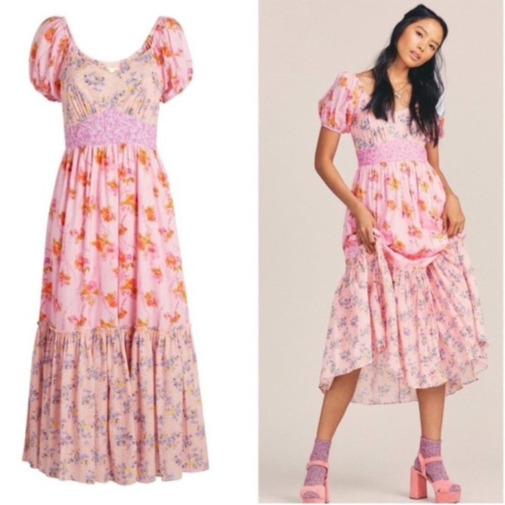 LoveShackFancy Puff Sleeve Maxi Dress Angie Pink Floral Print Cotton Size Small